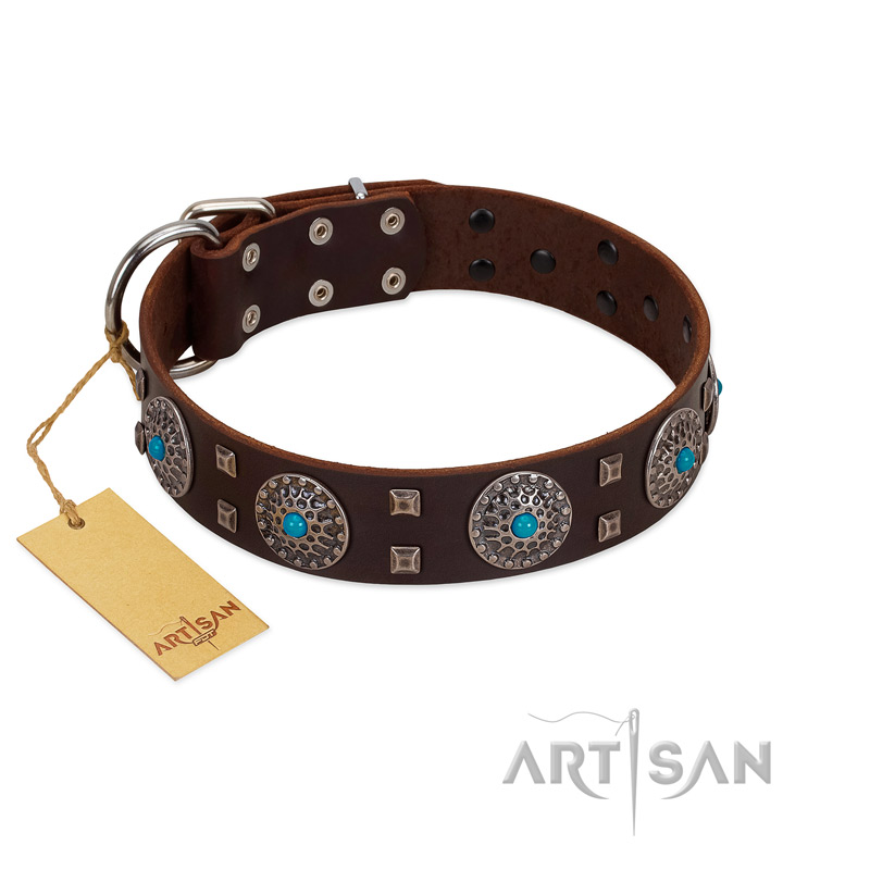 "Hypnotic Stones" FDT Artisan Brown Leather dog Collar with Chrome Plated Brooches and Square Studs