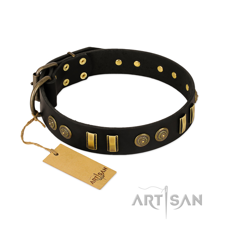 "Simple Elegance" FDT Artisan Black Leather dog Collar with Old Bronze-like Plates and Circles - Click Image to Close
