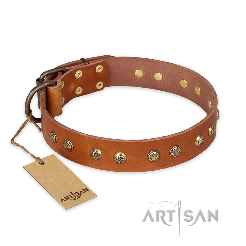 "Spring Flavor" FDT Artisan Adorned Leather dog Collar with Old Bronze-Plated Engraved Studs - Click Image to Close