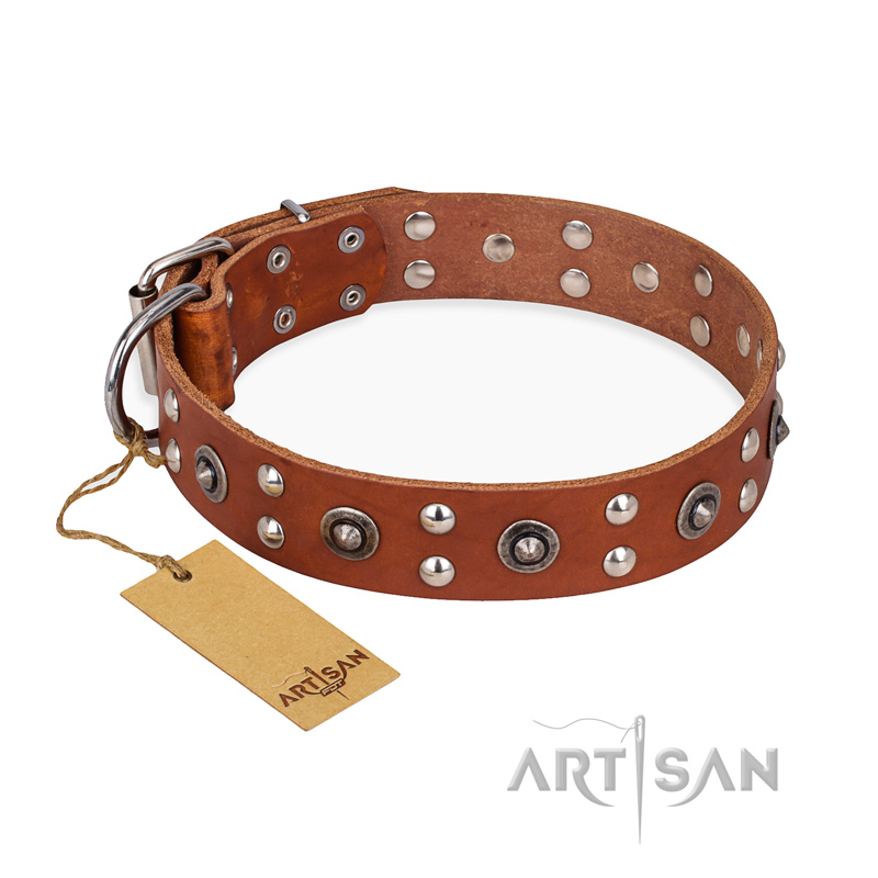 "Silver Elegance" FDT Artisan Decorated Leather dog Collar with Old Silver-Like Plated Studs and Cones - Click Image to Close