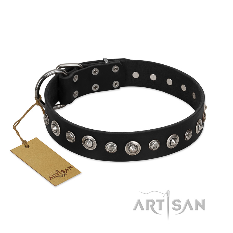 "Genteel Charm" FDT Artisan Black Leather dog Collar with Silver-like Round Conchos