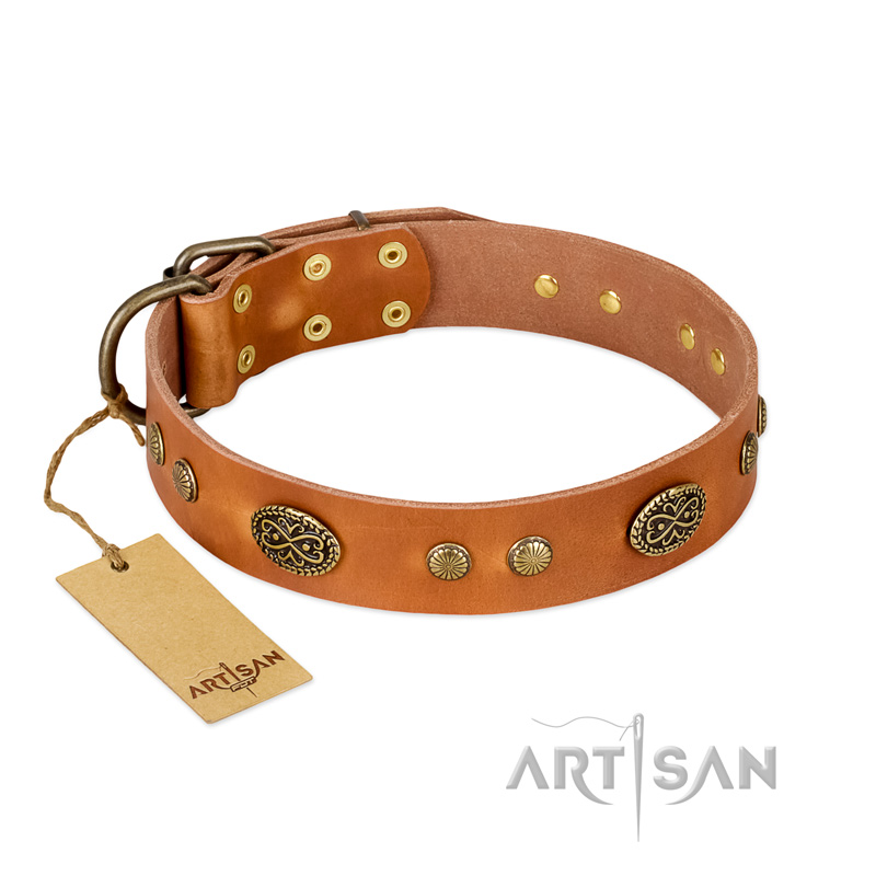 "Sun Beams" FDT Artisan Tan Leather dog Collar with Decorations - Click Image to Close