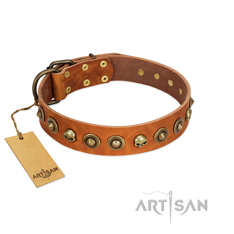 "Prez of the Pack" FDT Artisan Tan Leather dog Collar with Skulls and Brooches