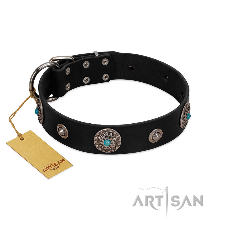 "Blue Gems" FDT Artisan Black Leather dog Collar with Chrome Plated Studs and Conchos - Click Image to Close