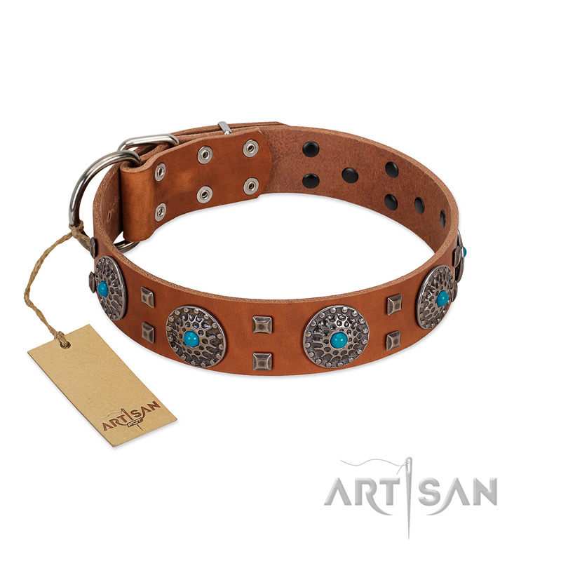 "Blue Sands" FDT Artisan Tan Leather dog Collar with Silver-like Studs and Round Conchos with Stones