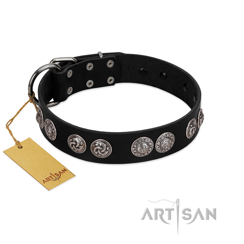 "Magic Amulete" Handcrafted FDT Artisan Black Leather dog Collar with Chrome-Plated Shields