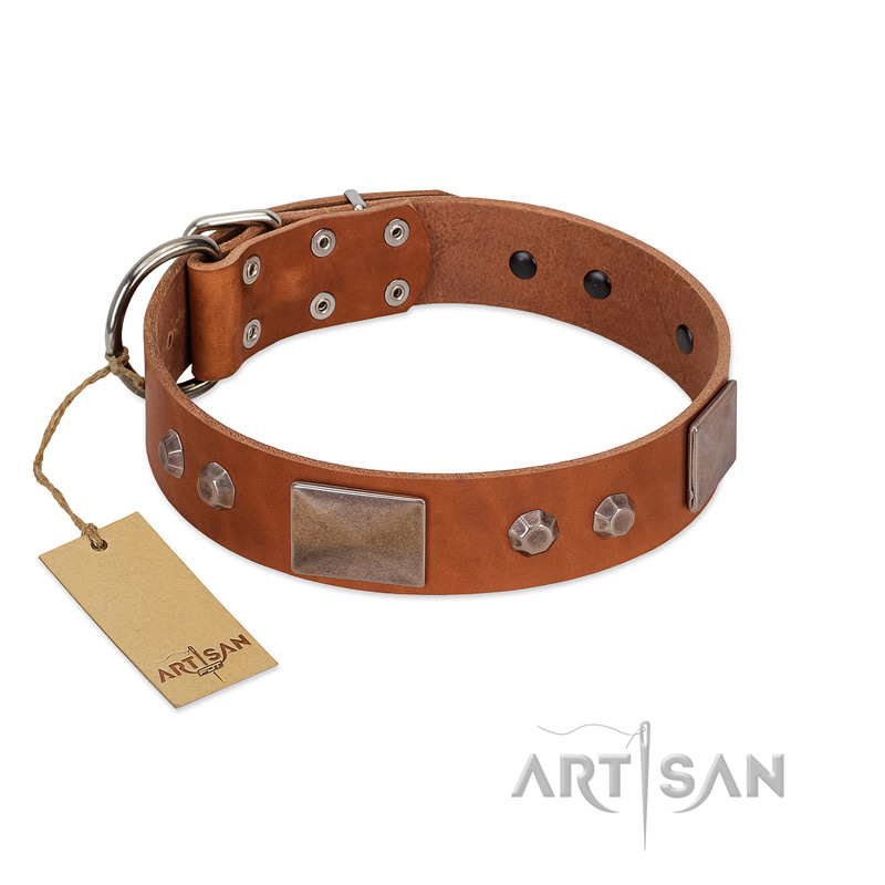 "Great Obelisk" Handcrafted FDT Artisan Tan Leather dog Collar with Large Plates and Pyramids