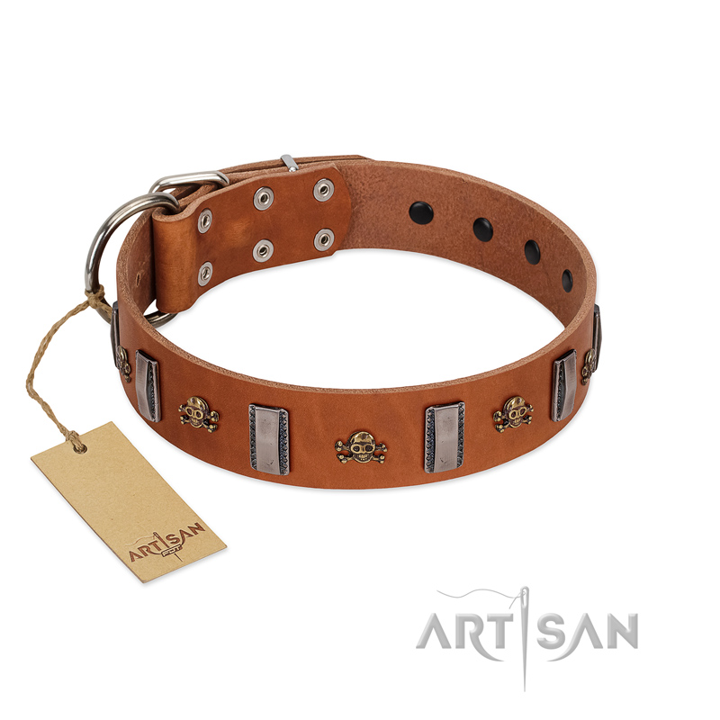 "Golden Crossbones" Handmade FDT Artisan Tan Leather dog Collar with Plates and Skulls - Click Image to Close