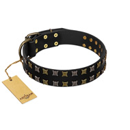 "Refined Pattern" FDT Artisan Black Leather dog Collar with Two Rows of Stunning Decorations  "Refined Pattern" FDT Artisan Black Leather dog Collar with Two Rows of Stunning Decorations