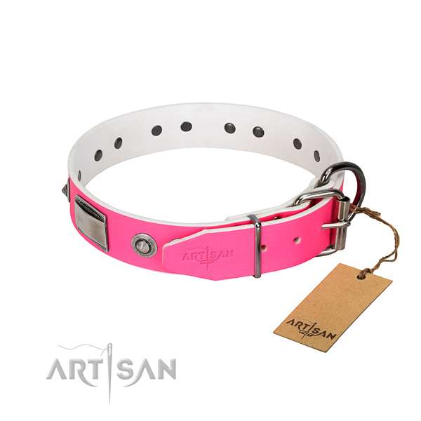 Trendy full grain genuine leather collar with embellishments for your doggie