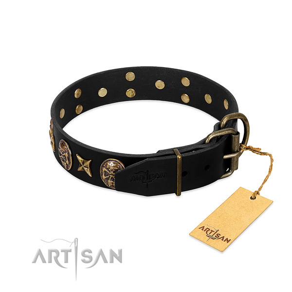 Corrosion resistant adornments on natural genuine leather dog collar for your pet