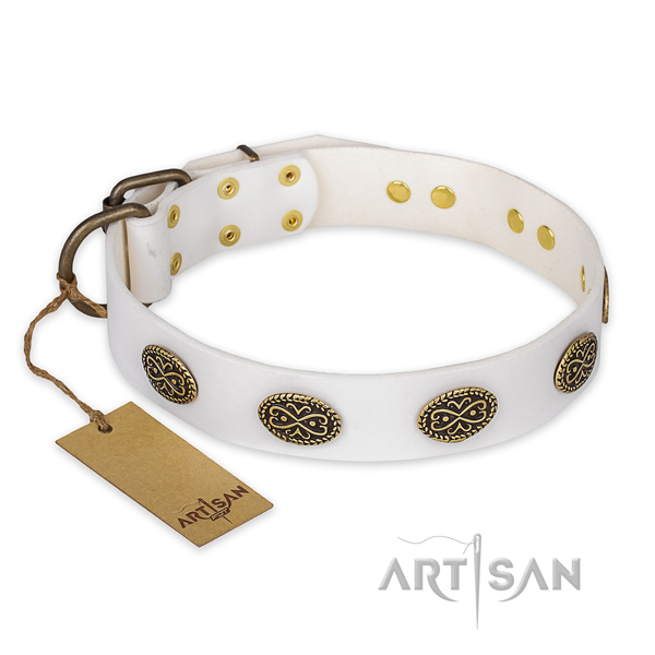 Exceptional genuine leather dog collar with corrosion proof buckle