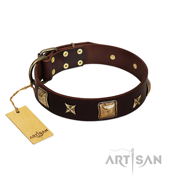 Embellished natural genuine leather collar for your canine