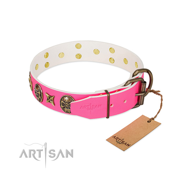 Reliable fittings on full grain natural leather collar for walking your four-legged friend