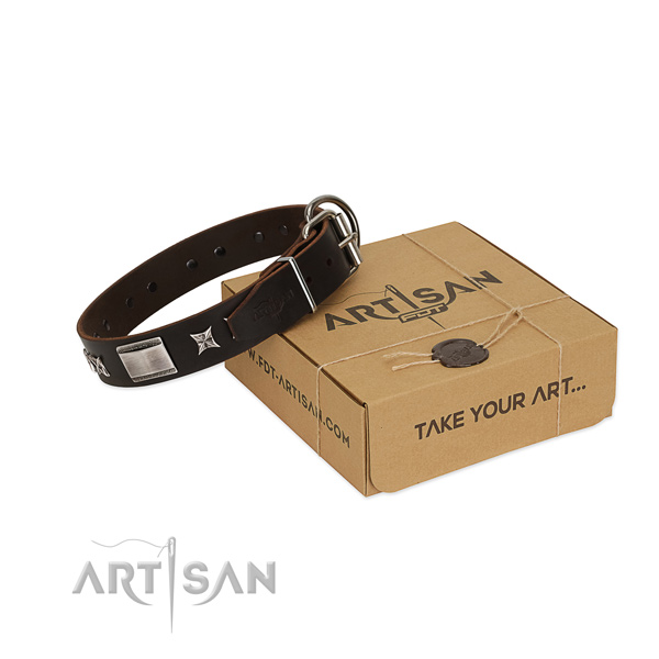 Decorated collar of full grain genuine leather for your handsome pet