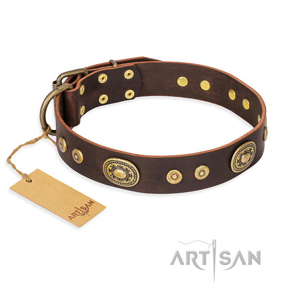 Natural genuine leather dog collar made of top notch material with corrosion resistant D-ring