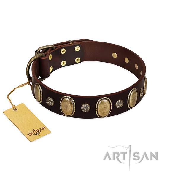 Fancy walking flexible genuine leather dog collar with embellishments