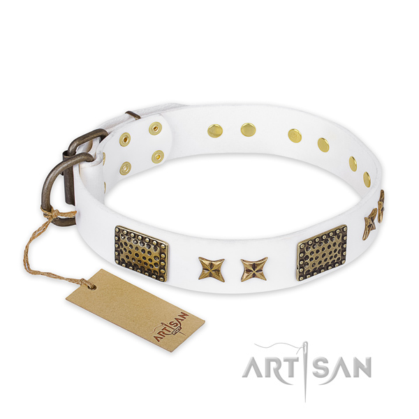 Adjustable natural genuine leather dog collar with rust resistant fittings