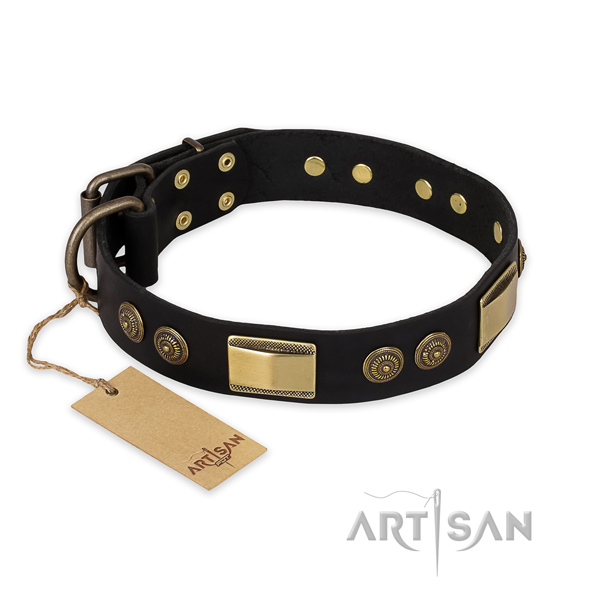 Embellished natural genuine leather dog collar for fancy walking