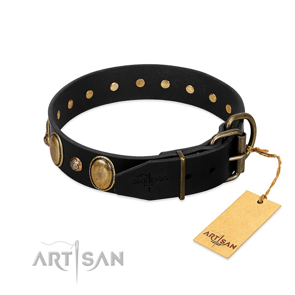 Rust-proof buckle on full grain natural leather collar for daily walking your dog