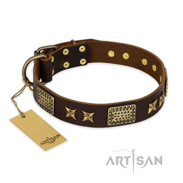 Handmade natural genuine leather dog collar with reliable fittings