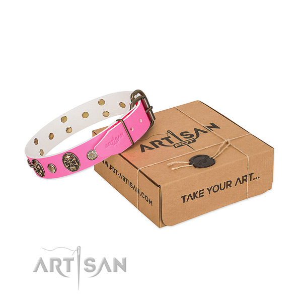 Rust-proof D-ring on genuine leather dog collar for your pet