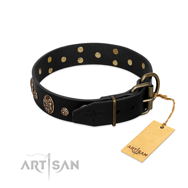 Rust resistant D-ring on natural genuine leather dog collar for your dog
