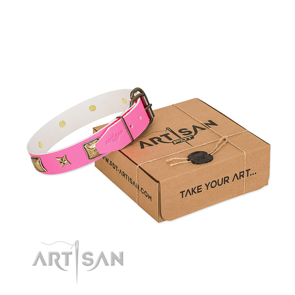 Corrosion resistant traditional buckle on full grain natural leather dog collar for easy wearing