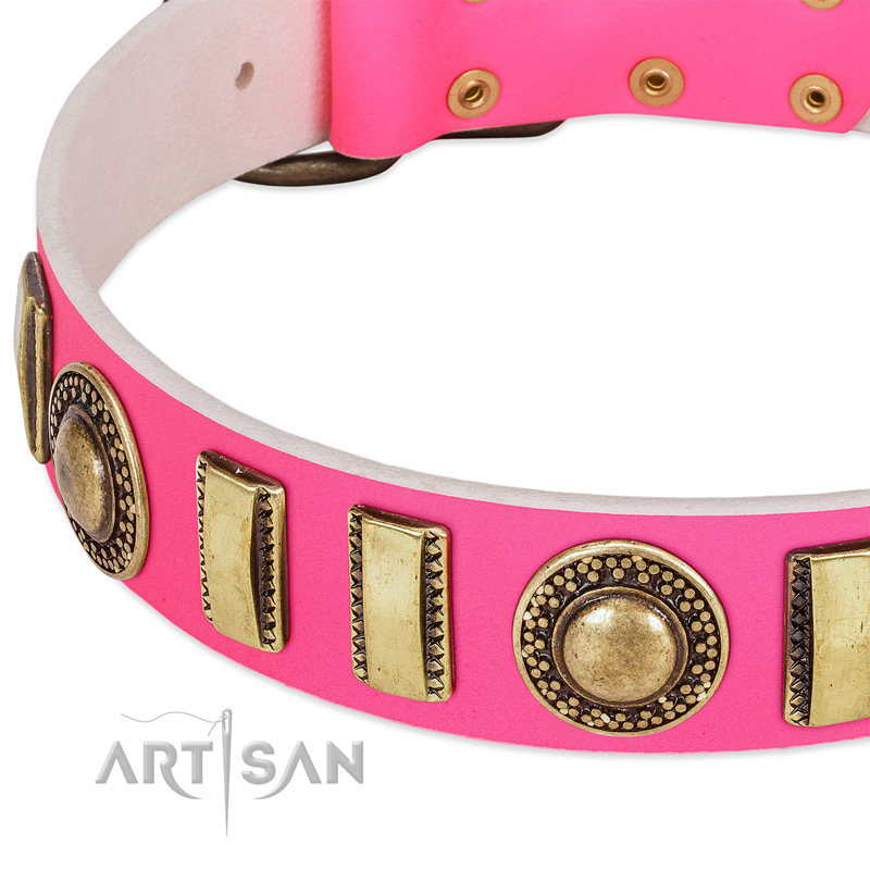 From Paris with Love Handmade FDT Artisan Pink Leather Swiss Mountain Dog  Collar with Dotted Pyramids [C642#1116 Handcrafted FDT Artisan Pink Leather  Swiss Mountain Dog Collar] : Swiss Mountain Dog Breed: Dog