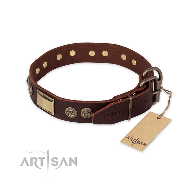 Strong D-ring on full grain genuine leather collar for fancy walking your four-legged friend