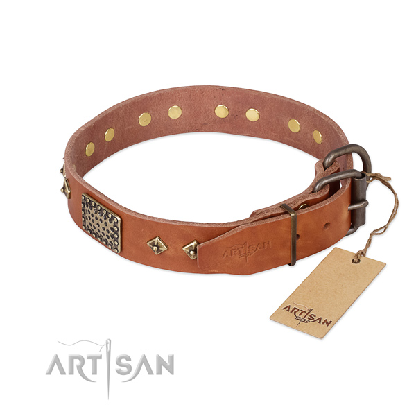 Full grain genuine leather dog collar with durable D-ring and adornments