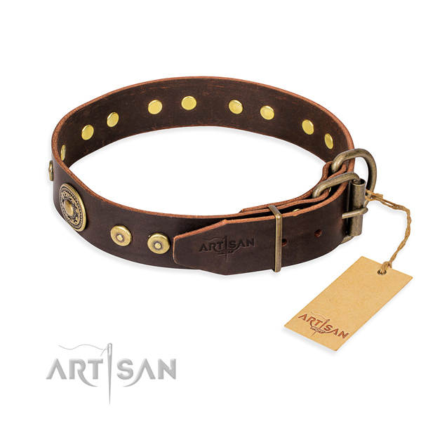 Leather dog collar made of gentle to touch material with rust-proof embellishments