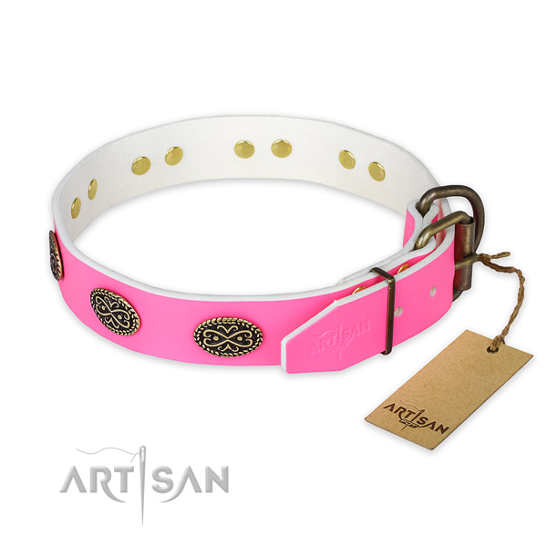 Handy use full grain natural leather collar with embellishments for your four-legged friend