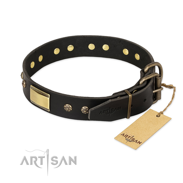 Full grain genuine leather dog collar with strong D-ring and studs