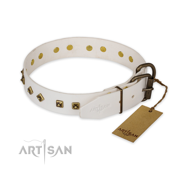 Corrosion proof D-ring on full grain natural leather collar for fancy walking your doggie