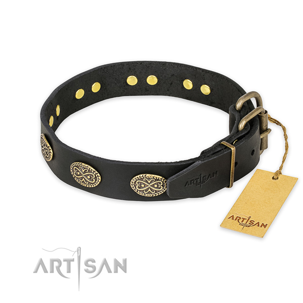 Durable traditional buckle on full grain natural leather collar for your handsome doggie