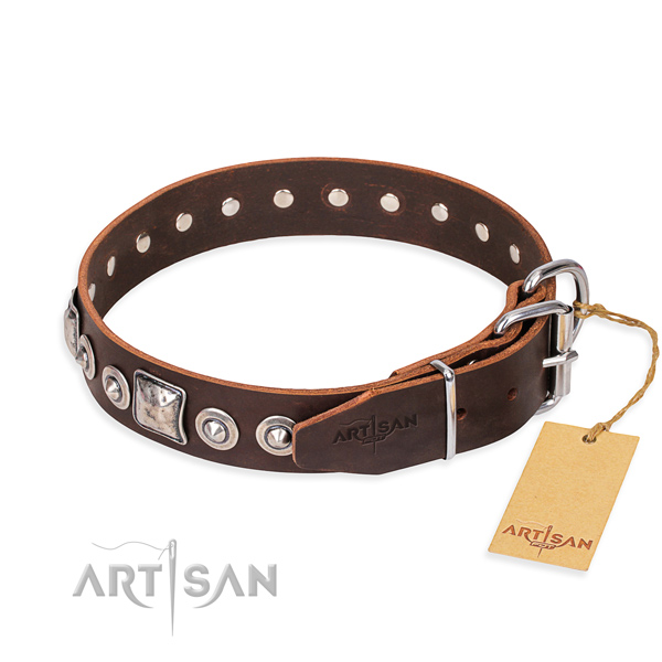 Natural genuine leather dog collar made of quality material with rust resistant decorations