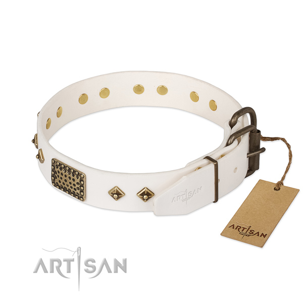Genuine leather dog collar with strong traditional buckle and adornments