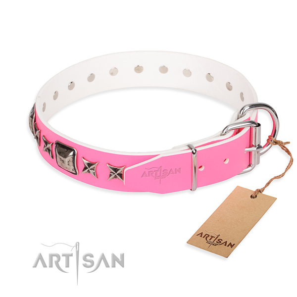Reliable embellished dog collar of genuine leather
