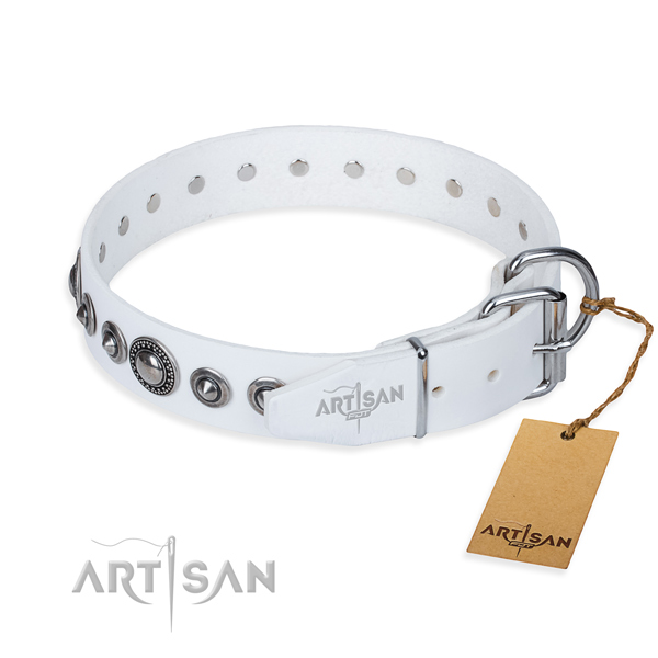 Full grain genuine leather dog collar made of quality material with corrosion resistant adornments