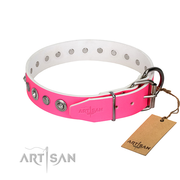 Durable full grain natural leather dog collar with unusual decorations