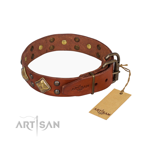 Genuine leather dog collar with unique rust resistant decorations