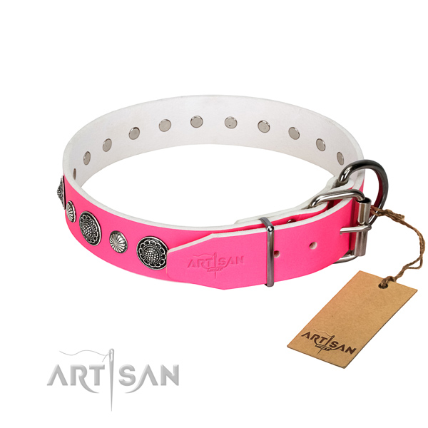 Durable natural leather dog collar with rust resistant buckle