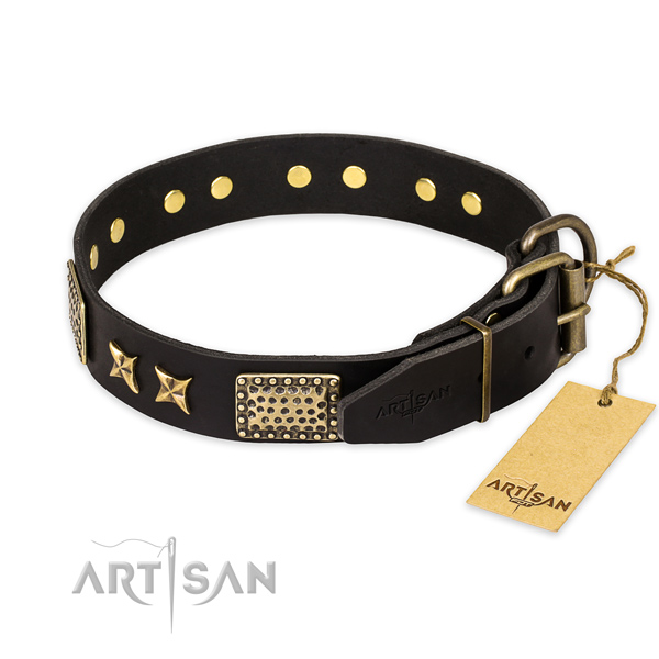 Strong traditional buckle on full grain natural leather collar for your impressive four-legged friend