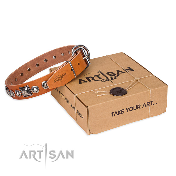 Natural genuine leather dog collar made of top rate material with strong hardware