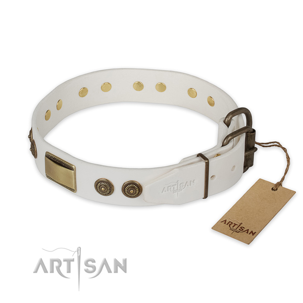 Corrosion resistant buckle on genuine leather collar for fancy walking your doggie