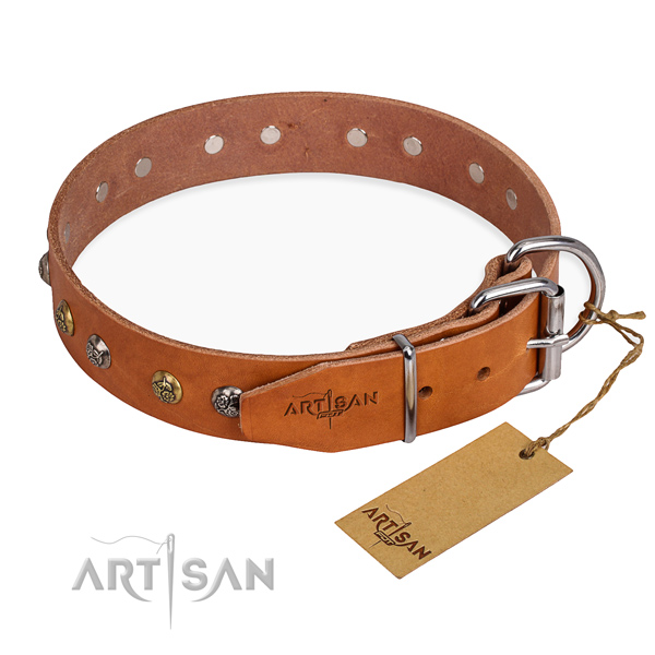 Full grain genuine leather dog collar with extraordinary corrosion resistant adornments