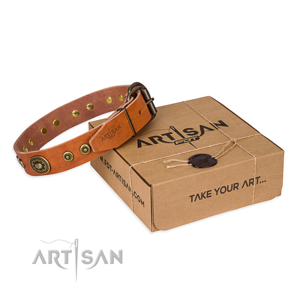 Natural genuine leather dog collar made of high quality material with rust-proof hardware