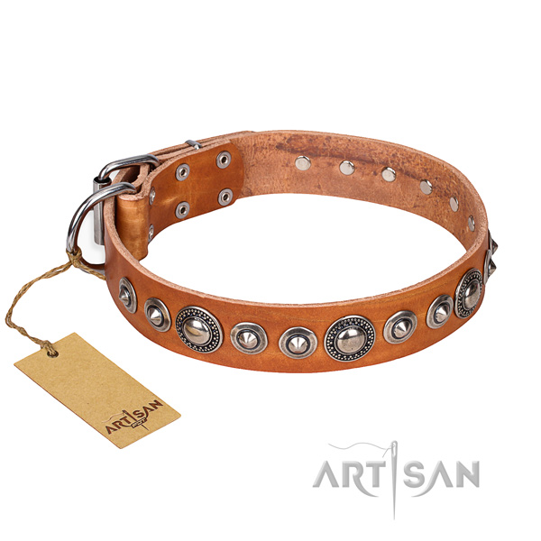 Leather dog collar made of flexible material with strong traditional buckle