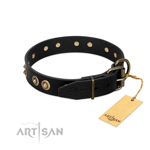 Corrosion proof D-ring on natural genuine leather dog collar for your pet